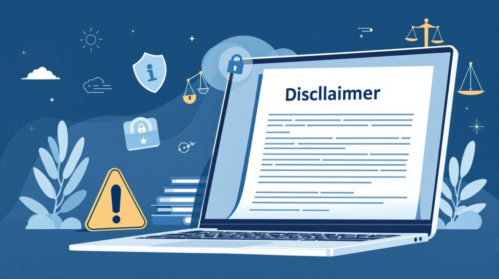 Digital illustration of a website disclaimer document on a laptop screen with security and legal icons representing trust and user notice.