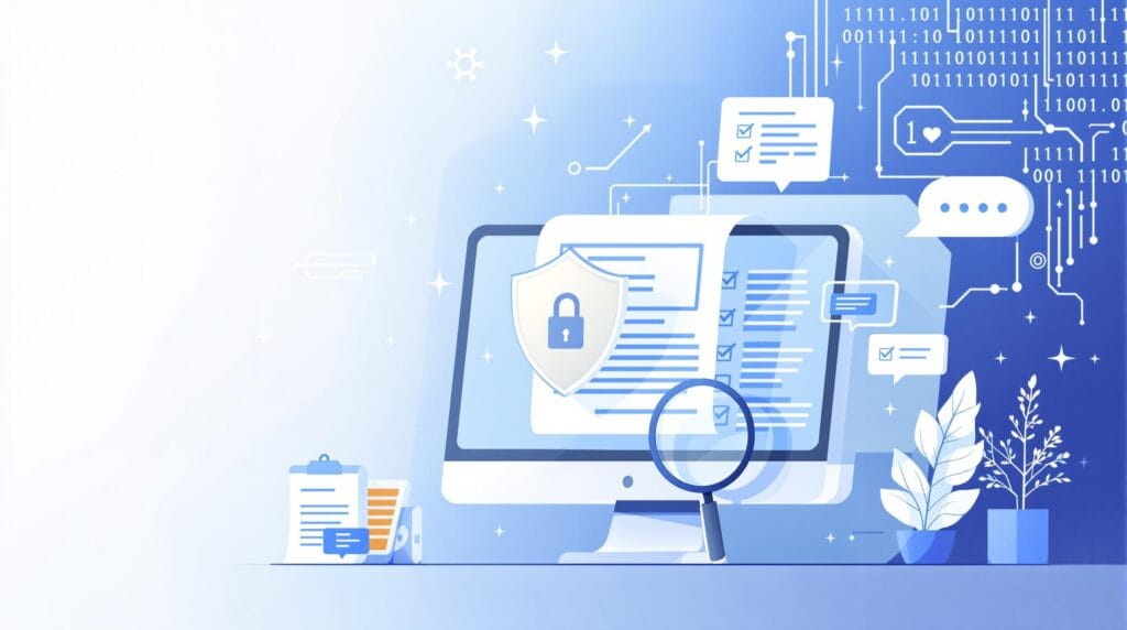 Digital illustration of online privacy protection with a shield and privacy policy document on a computer screen.