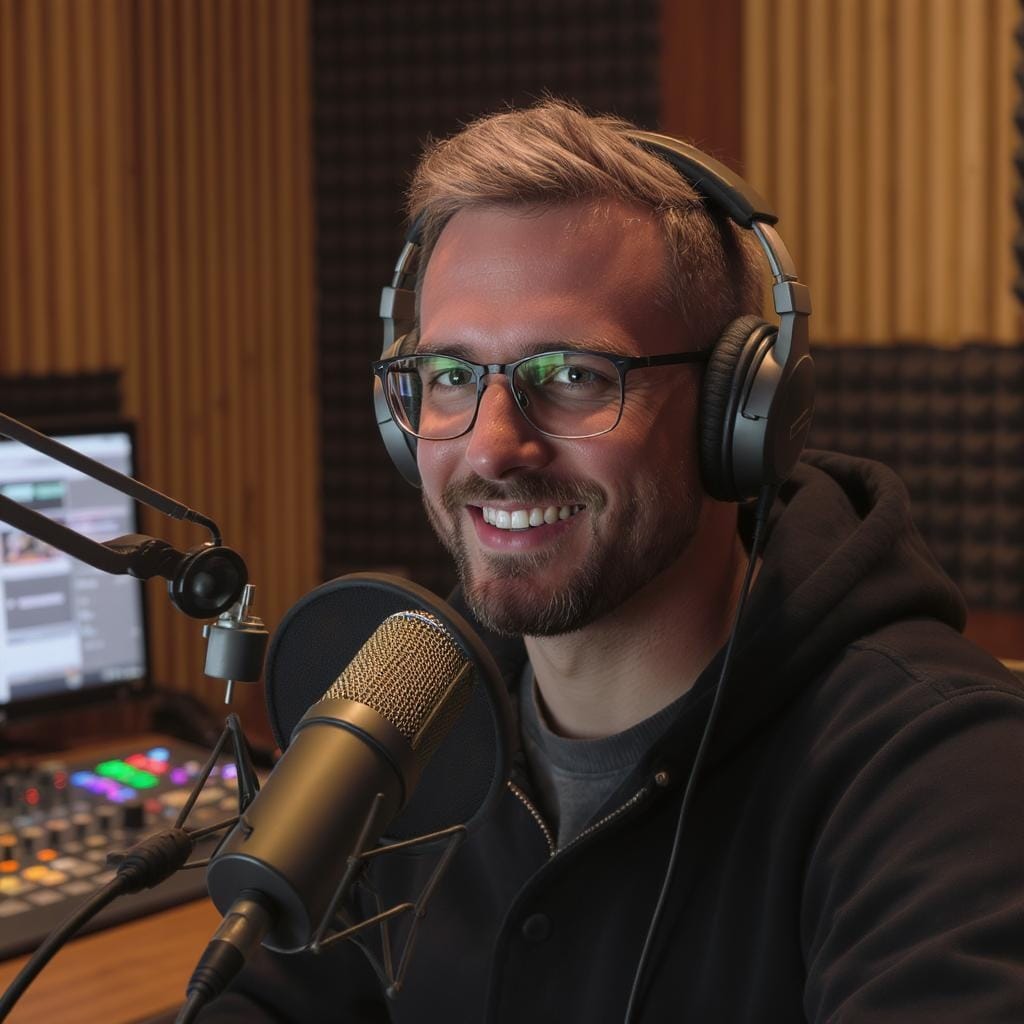 Close-up of a man recording a podcast in a professional studio with headphones and microphone.
