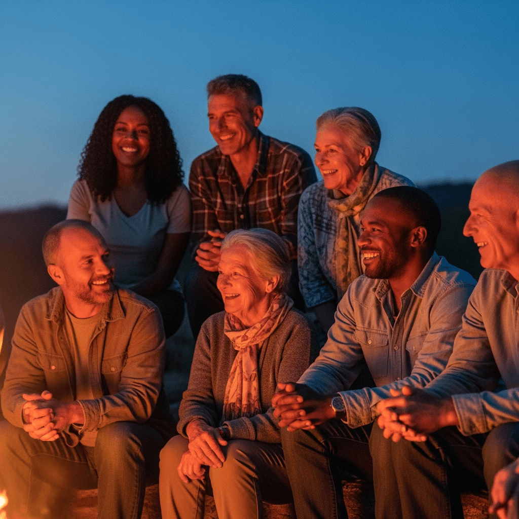 About 2 Diverse community of survival story fans sharing experiences around a campfire, symbolizing the Survivors community of StorySurvive.