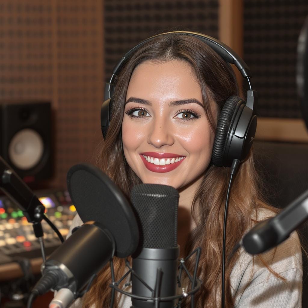Close-up of a beautiful woman recording a podcast in a professional studio with headphones and microphone.